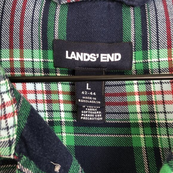 LANDS END‎ Flannel Pajamas Men's Sz L Blue Green Plaid 100% Cotton Button Up Set - Picture 4 of 16